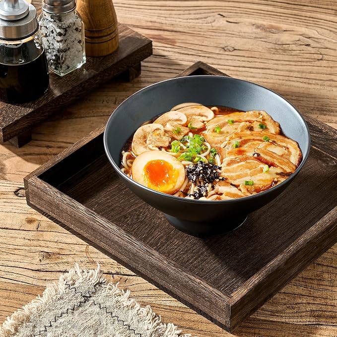 Ceramic Japanese Ramen Bowl Set, 8 Inch Large Noodle Bowl Set of 2, Dishwasher Safe for Asian Pho Udon Soba Noodle, Salad Pasta, Deep Soup Bowls, Black Reactive Metallic Color
