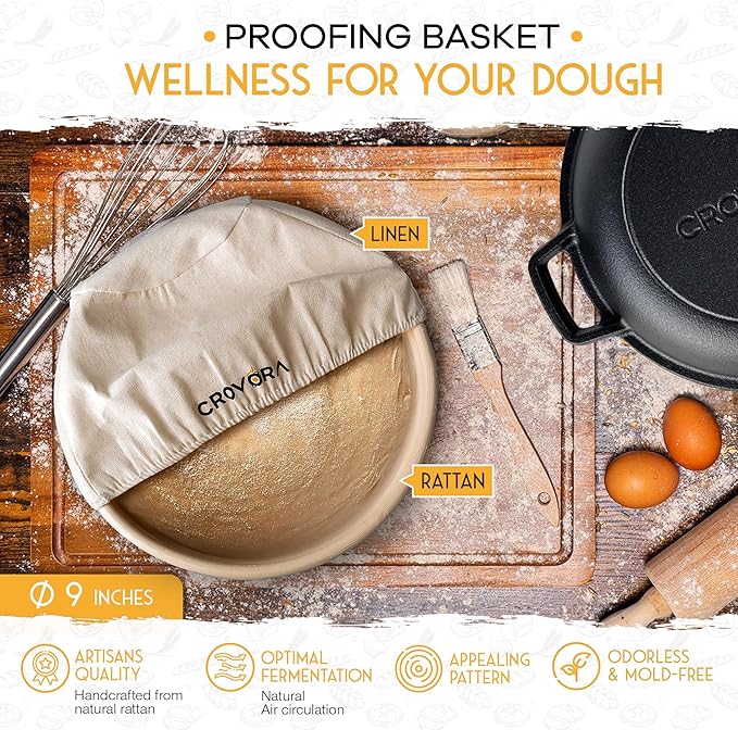 Pre-Seasoned Cast Iron Dutch Oven for Bread Baking with Skillet Lid - Incl. Sourdough Bread Baking Supplies like Banneton Bread Proofing Basket, 5QT Cast Iron Bread Pan, Bread Oven