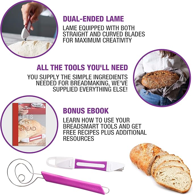 Breadsmart Artisan Bread Making Kit - 5PC Sourdough Bread Baking Supplies Set - Lame, Scraper, Whisk, Banneton Bread Proofing Basket & Cotton Liner