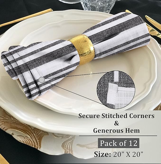 RUVANTI Cloth Napkins Set of 12 Cotton 100%, 20x20 Inches Napkins Cloth Washable, Soft, Absorbent. Cotton Napkins for Parties, Christmas, Thanksgiving, Weddings, Dinner Napkins Cloth - Grey Stripes