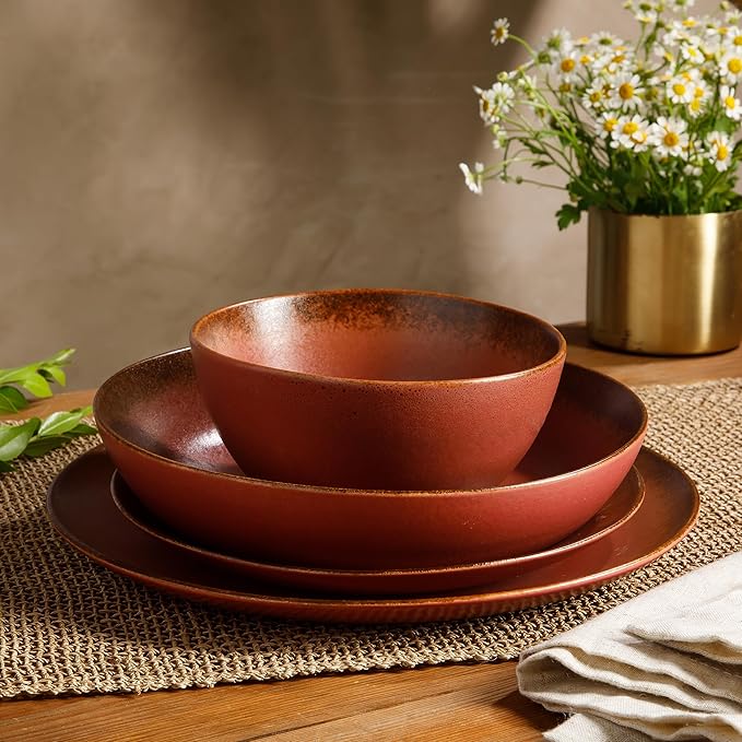 Bloomhouse Palermo Sun Double Bowl Stoneware Reactive Glaze Plates and Bowls Dinnerware Set - Paprika Red, Service for Four (16pcs)