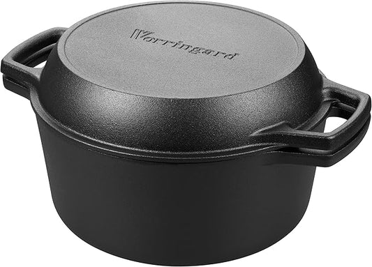 Pre-seasoned Cast Iron Double Dutch Oven Pot with Skillet Lid, Dual-handle, for Bread Baking, Outdoor, Campfire Cooking, 5 Quart