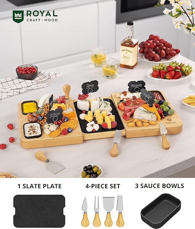 ROYAL CRAFT WOOD Extra Large Bamboo Charcuterie Boards - Large Charcuterie Board Set w/ 3 Sauce Bowls, 4 Knives & Slate Plate - Unique Cheese Board & Serving Tray - Ideal Housewarming Gift