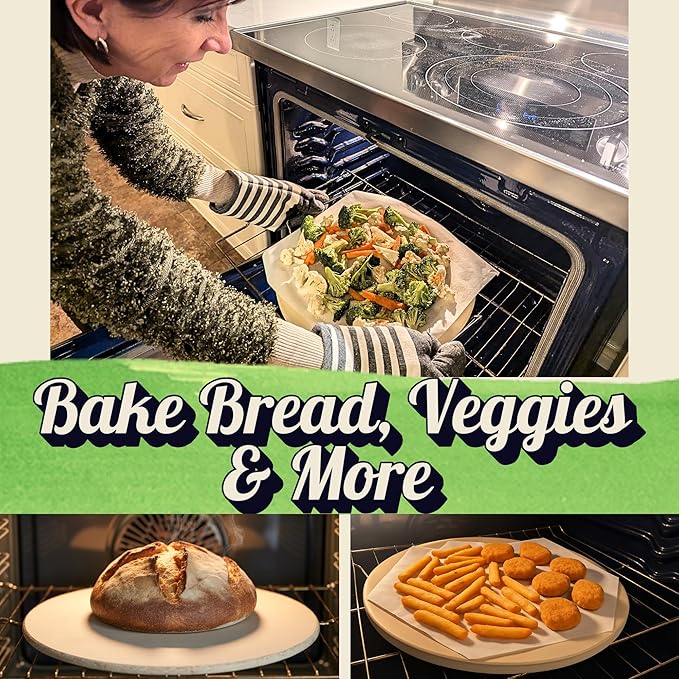 Round Pizza Stone for Oven 16 inch - Large Pizza Stone with Handles, Metal Pizza Peel, Pizza Cutter and Dough Tool - Baking Stone for Oven Bread - Thick Heavy Duty Cordierite Baking Stones