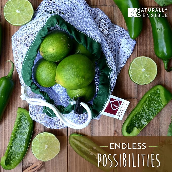 The Original Eco Friendly See Through Washable and Reusable Produce Bags - Soft Premium Lightweight Nylon Mesh Large - 12x14in - Set of 5 (Red, Yellow, Green, Blue, Purple)