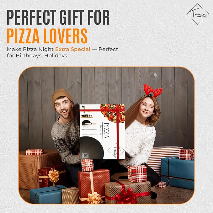 Tenovu Supply 6 Piece Pizza Stone for Oven and Grill with 13" Black Cordierite Stone, Metal Holder/Rack, Stainless Steel Peel, Dough Cutter, Cutter Rocker, and Server - Pizza Oven Accessories