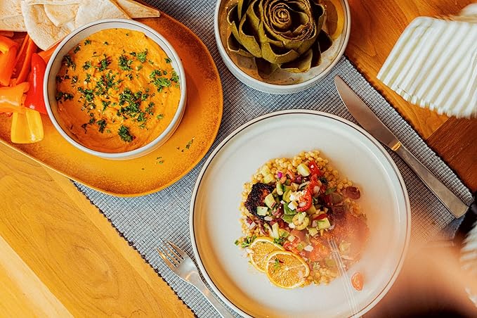 Bloomhouse Santorini Mist Double Bowl Terracotta Reactive Glaze Plates and Bowls Dinnerware Set - Moonstone White, Service for Four (16pcs)