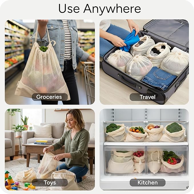 LEAFICO Reusable Produce Bags – 100% Cotton Mesh & Solid Hybrid (Mixed Sizes 8 Pcs – S/M/L/XL) – Multi-Use Grocery & Storage Bags for Fruit, Vegetables, Toys, Clothes, Travel – Washable, Zero Waste