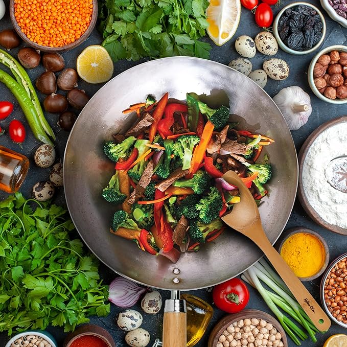 Helen's Asian Kitchen Round Bottom Wok Set, Carbon Steel and Bamboo, 12-Inches, 4-Piece Set