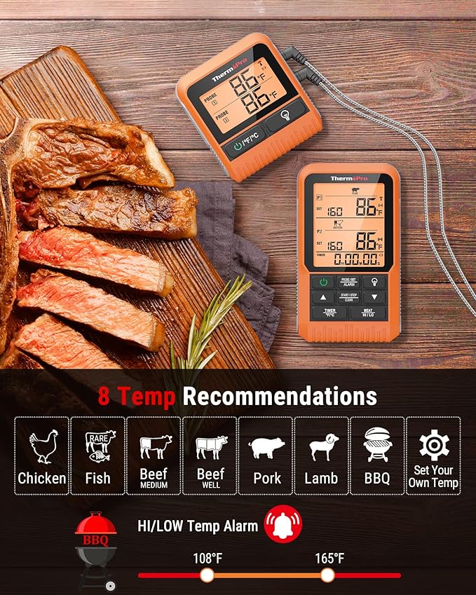 ThermoPro TP826 500FT Wireless Meat Thermometer, Dual Meat Probe Cooking Thermometer with HI/Low Alert, Food Grill Temperautre probe, Outdoor Fryer Accessories for BBQ, Smoker, Oven, Grilling Gift