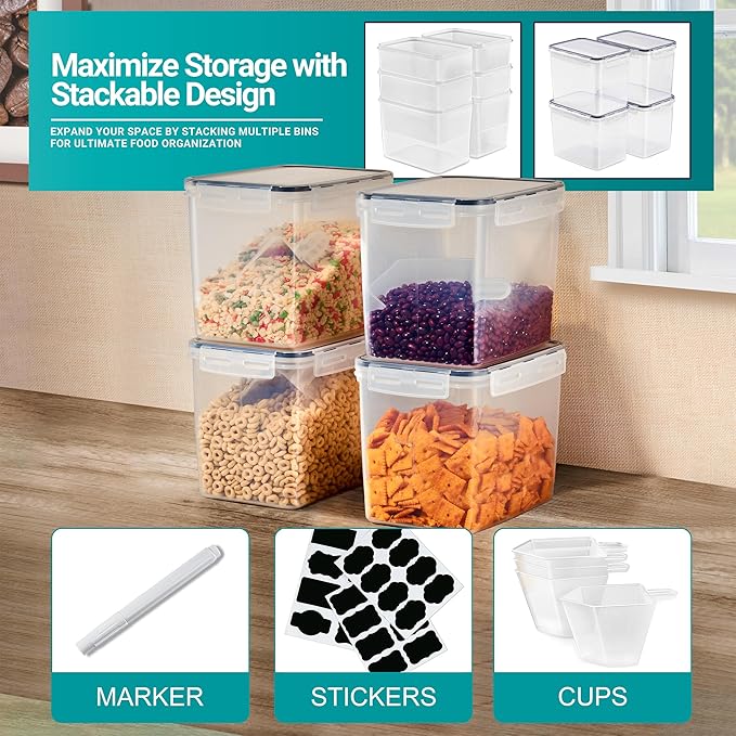 Sorbus Food Storage Containers - Pack of 4 - Air Tight, Four-Way Snap Lids Keeps Food Fresh - Store Cereal, Pasta, Flour, Nuts, Candy - Durable Plastic Kitchen Pantry Bins