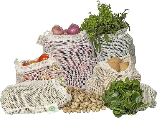 Reusable Mesh Produce Bags - 8 Pack, 100% Organic Cotton Reusable Net Vegetable Bags - Environment-friendly & Washable Fruit, Vegetable & Produce Sacks (2 X Large, 2 Large, 2 Medium, 2 Small)
