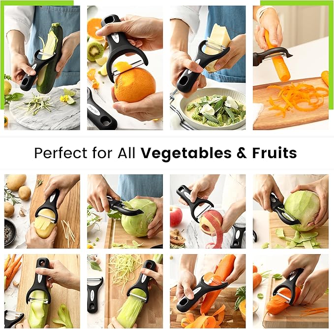 Spring Chef Stainless Steel Swivel, Y & Julienne Vegetable Peelers for Kitchen, Potato Peelers with Soft Grip Handles, Kitchen Utensils Set of 3 for Fruits, Veggies, Apple, Carrot, Cucumber - Black