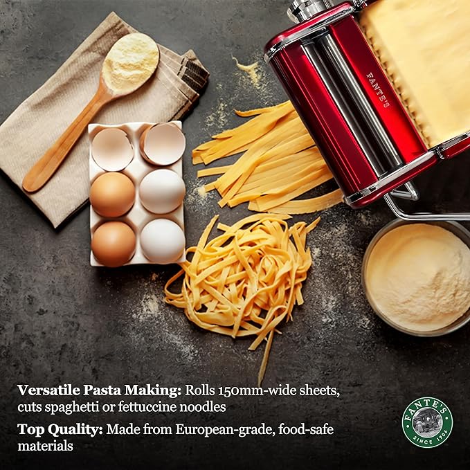Fante's Red Pasta Machine With Double Pasta Cutter For Spaghetti And Fettuccine, For Rolling Uniform Pasta Sheets And Creating Consistent Homemade Noodles
