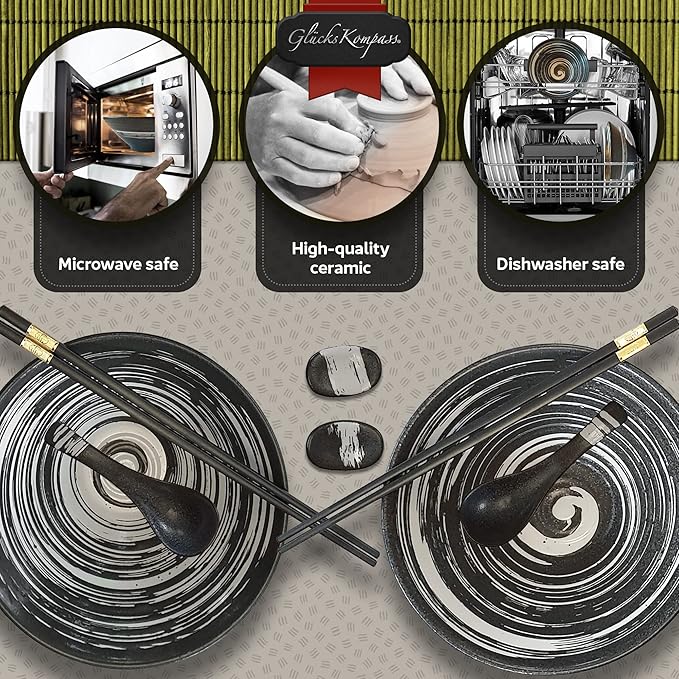 Japanese Ramen Bowl Set made of ceramic (8 pcs) with chopsticks, ceramic spoons, large 8 inches diameter, 32 oz (1 quart) | Pho Bowls Noodle Soup Bowl Asian Rice Bowl Chinese Bowl Thai