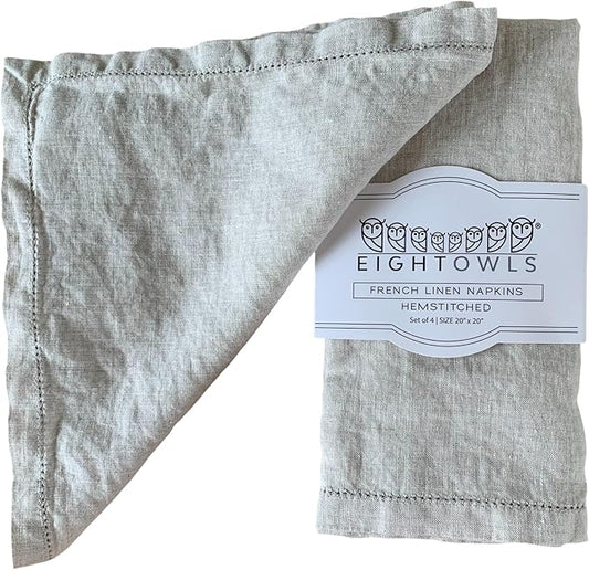 Hemstitched Linen Napkins – 20 Inch x 20 Inch – Stonewashed Pure Linen Cloth Dinner Napkins with Mitered Corners - 100% French Flax – Machine Washable - Set of 4 (Natural Oatmeal)