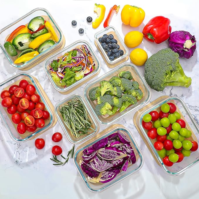 Urban Green Glass Containers with Bamboo Lids, Bamboo Meal Prep Storage Containers with Lids, Oven, Freezer, Microwave Safe, Pack of 4, 35oz