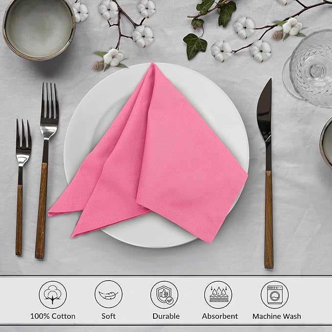 Ruvanti Cloth Napkins Set of 12, 18x18 Inches, 100% Cotton, Washable, Soft & Absorbent, Perfect for Wedding, Christmas, ‎Thanksgiving Dinners - Pink