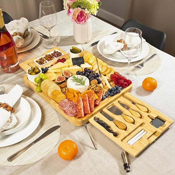 Bamboo Cheese Board and Knife Set with Wine Accessories – Large Charcuterie Board Gift Set with Bowls, Slate Labels & Utensils, Perfect for Christmas, Wedding, Housewarming & Entertaining