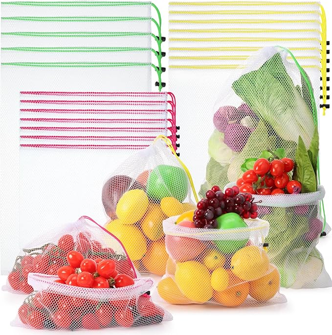 Frienda 20 Pcs Mesh Bags for Toys Storage 3 Sizes Reusable Produce Bags with Drawstring for Beach Bath Pool Toy Organizer, Fruits Vegetable Grocery Playroom Storage(Green, Yellow, Rose Red)
