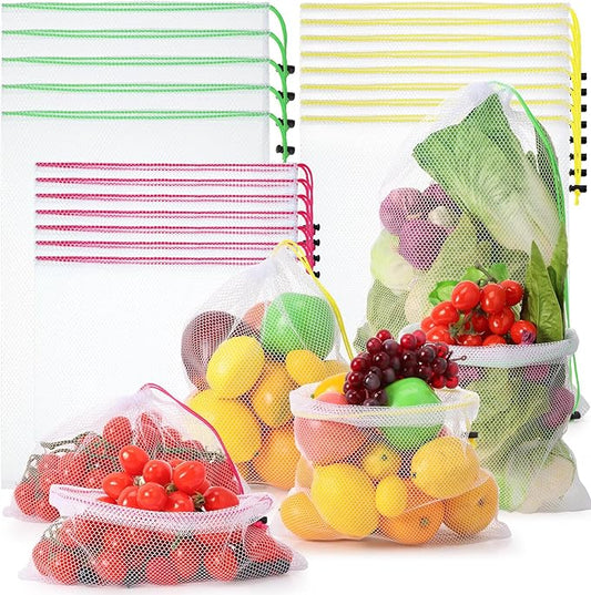 Frienda 20 Pcs Mesh Bags for Toys Storage 3 Sizes Reusable Produce Bags with Drawstring for Beach Bath Pool Toy Organizer, Fruits Vegetable Grocery Playroom Storage(Green, Yellow, Rose Red)