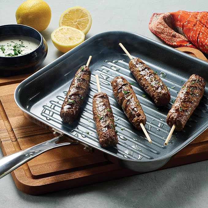 Tramontina Utsava Tri-Ply Clad Stainless Steel 10-Inch Square Grill Pan with Ceramic Non Stick Interior, Induction-Ready