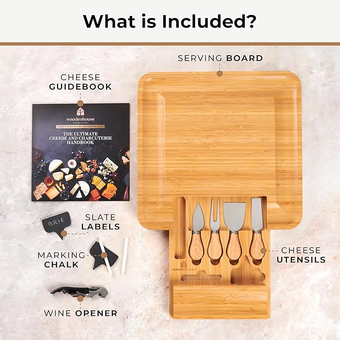 Woodenhouse Bamboo Charcuterie Boards Gift Set - Meat and Cheese Tray with Utensils Included - Bamboo Cheese Platter - House Warming Gifts New Home Couples & Family, Wedding Gifts