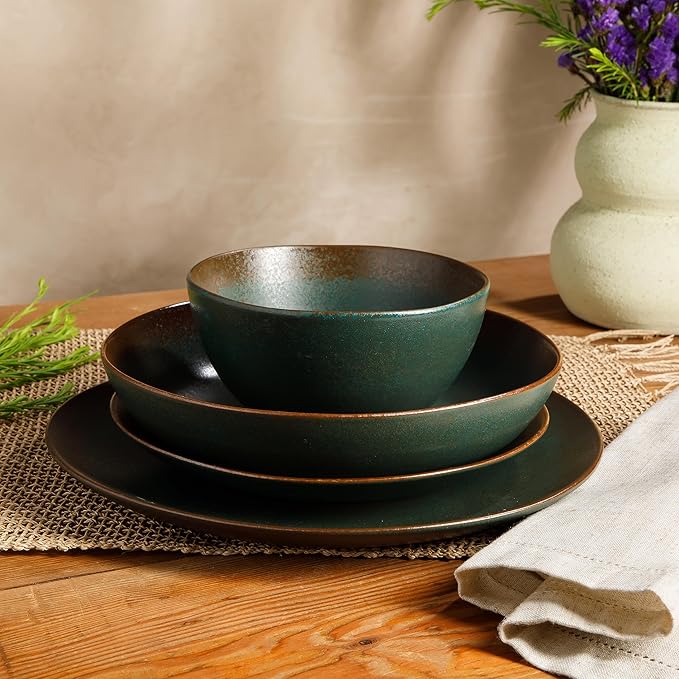 Bloomhouse Palermo Sun Double Bowl Stoneware Reactive Glaze Plates and Bowls Dinnerware Set - Agave Blue, Service for Four (16pcs)