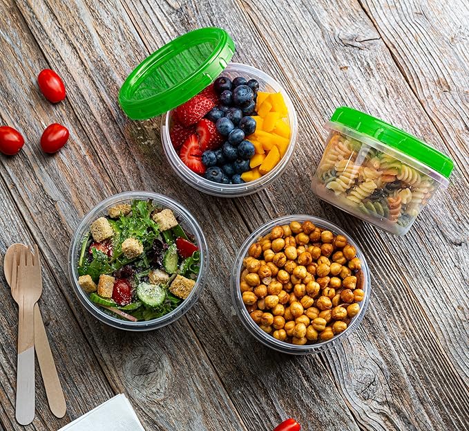 (16 Ounce 10 Pack) Twist cap Containers Clear Bottom With Green Top Screw on Twist Top Food Storage Freezer Containers