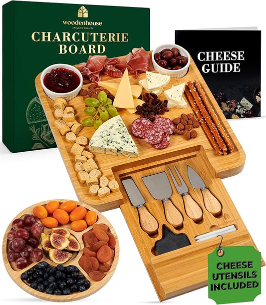 Bamboo Charcuterie Boards Gift Set - Meat and Cheese Tray with Utensils, Fruit Tray, and 2 Sauce Bowls Included - Bamboo Cheese Platter - House Warming Gifts New Home Couples & Family, Wedding Gifts