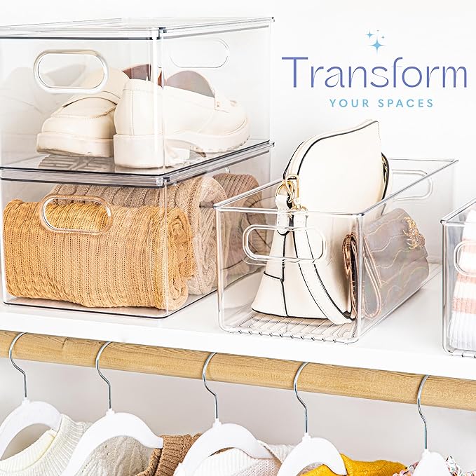 Plastic Food Storage 2 Pack Clear Container Bin with Handles for Organizing Kitchen, Pantry, Refrigerator, Freezer, Pantry, Cabinet, Closet, Bathroom. 16”x6”x5”