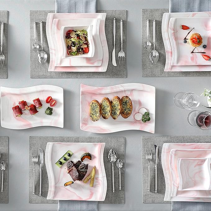 MALACASA Plates and Bowls Sets, 26 Pieces Pink Dinnerware Sets for 6, Porcelain Dinnerware Set with Dinner Plates and Bowls, Serving Platters, Square Dishware Sets, Modern Dish Set, Series Flora