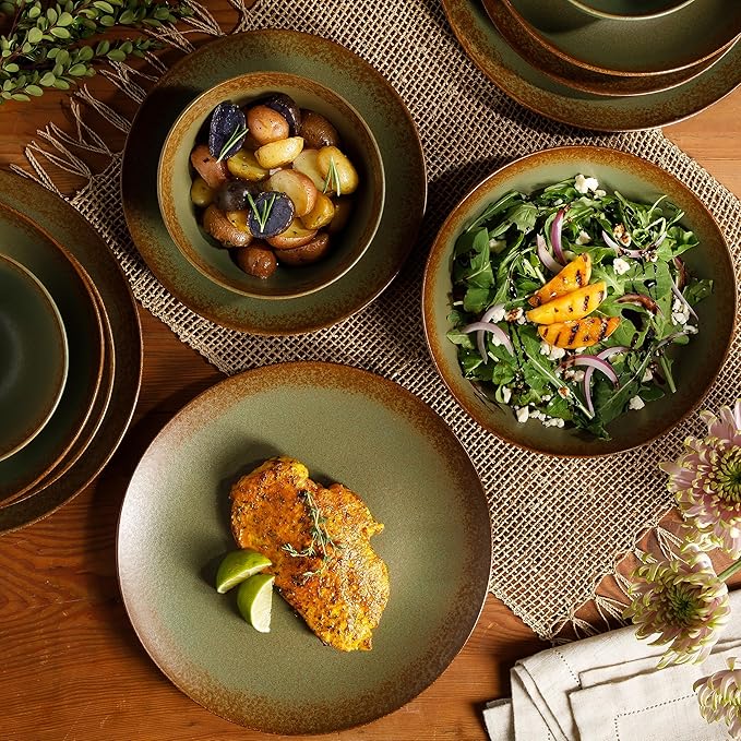 Bloomhouse Palermo Sun Double Bowl Stoneware Reactive Glaze Plates and Bowls Dinnerware Set - Cardamom Green, Service for Four (16pcs)