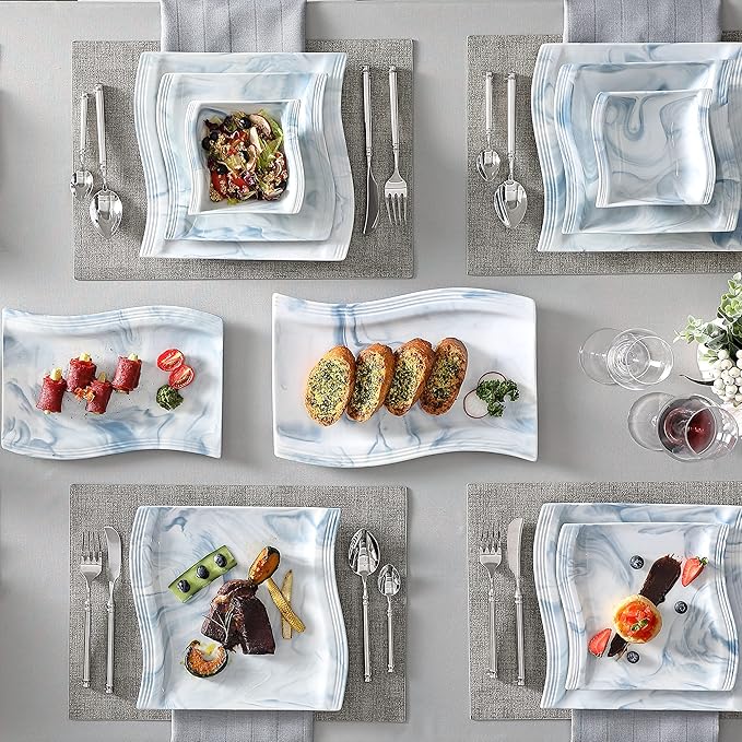 MALACASA Plates and Bowls Sets, 26 Piece Blue Dinnerware Sets for 6, Porcelain Dinner Set with Set, Dishes, Cereal Serving Platters, Kitchen Plate Bowl Series FLORA, 26 Piece(Service for 6)