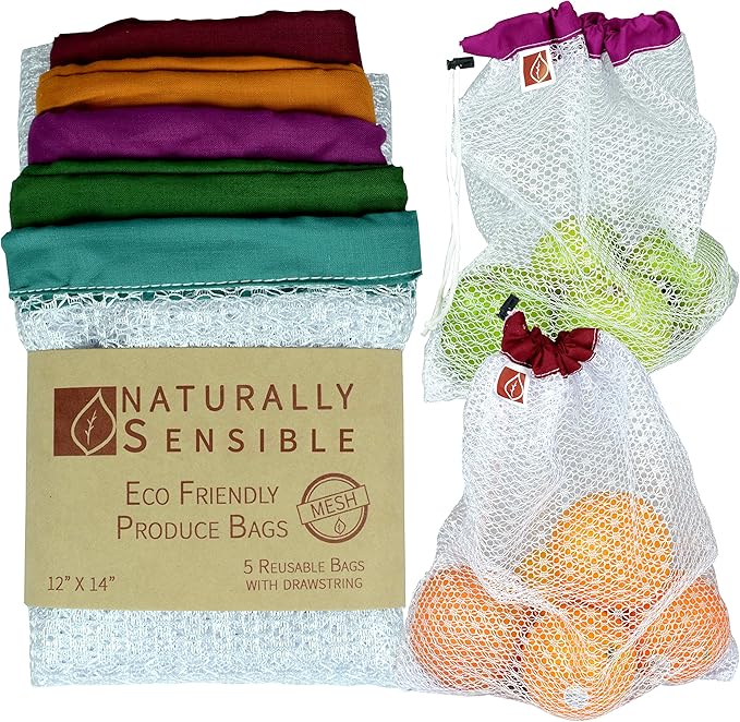 The Original Eco Friendly See Through Washable and Reusable Produce Bags - Soft Premium Lightweight Nylon Mesh Large - 12x14in - Set of 5 (Red, Yellow, Green, Blue, Purple)