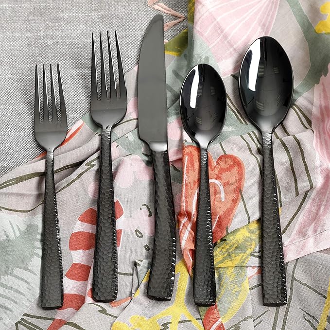 Gibson Elite Stonehenge 20-Piece Flatware Set, Service for 4 - Black w/Hammered Handle | (Pack of 4)